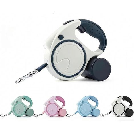 Laisse rétractable pour chien avec lumière LED intégrée, porte-sac poubelle, corde nylon 5 m, adaptée chiens/chats toutes tailles - Rose (1/5)