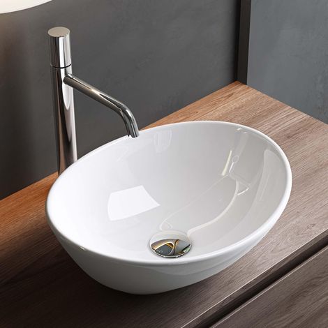 Mai & Mai Lavabo da Appoggio 42x34x14,5cm, Lavandino Bagno da Appoggio Ovale Brüssel205 in Ceramica Nano Rivestimenti Inclusi Bianco Lucido