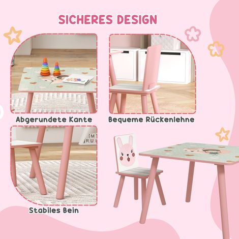 Table et 2 chaises enfant en pin, motif animal, chambre enfant, 3-8 ans, rose (1/4)