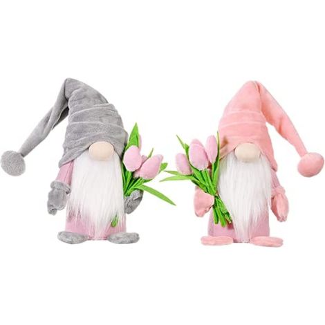 Gnomes mignons debout avec bouquets de tulipes, adorables figurines de gnomes nains, cadeau pour femme, maman, anniversaire de mariage, petite amie, épouse, fête des mères, remerciements, dimensions 3