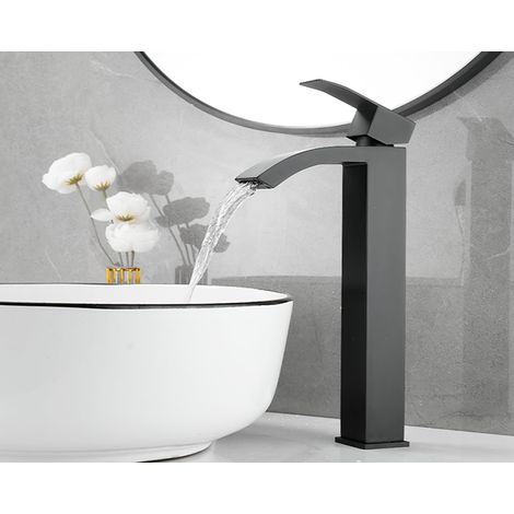 Mitigeur Robinet Salle de Bain, Robinet Lavabo Cascade Haut, Grand bec Cascade Carré au Design Moderne, Robinet Chaud et Froid Avec Tuyaux, Aciers Inoxydables, Noir Mat (1/5)