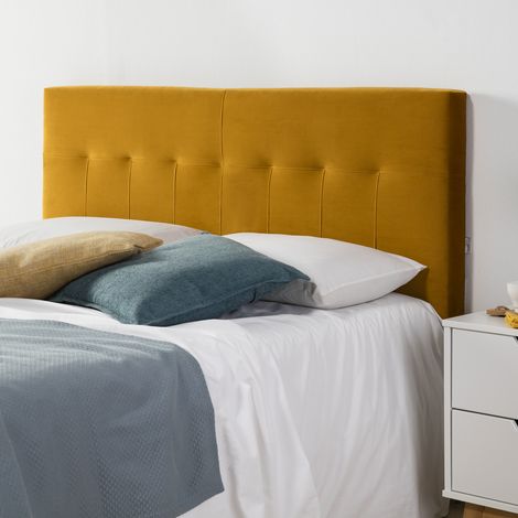 Cabecero tapizado PRAGA 140x100 cm Mostaza para Cama 135. Terciopelo. Patas de Madera. herrajes incluidos