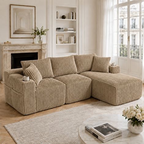 Canapé d'angle convertible en velours côtelé avec 5 coussins, poches latérales et porte-gobelets,canapé 3 places modulaires combinaison DIY,Kaki