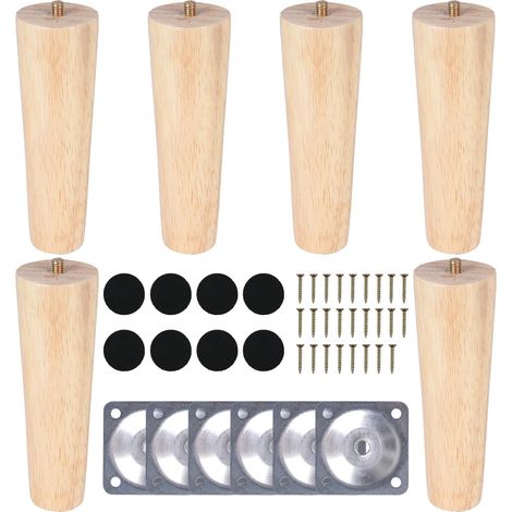 6 Pieds De Meuble Bois Massif 15cm Plaque Montage Vis Patins Feutre Pour Canapé Lit Armoire (1/5)
