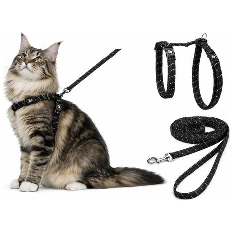 Katzengeschirr – Verstellbare Nylonleine – Reflektierendes Element – Für große Katzen – Schwarz – 22 x 32 cm – 35 x 56 cm (1/5)