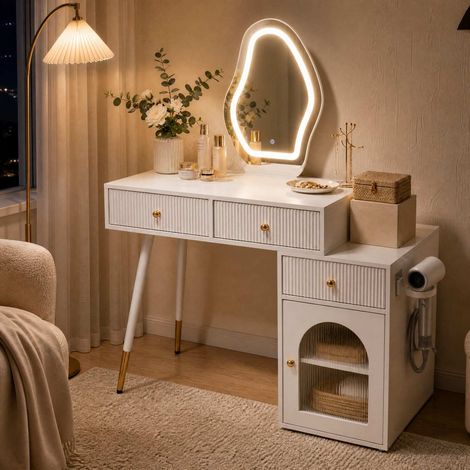 Dressing table with mirror, lighting, 3 drawers & cabinet, cosmetic table, 106 x 40 x 134.5 cm, white (1/4)