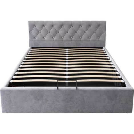Lit coffre 140x200 gris, lit double en velours avec tête de lit capitonnée, sommier à lattes inclus, rangement hydraulique sous lit (1/5)