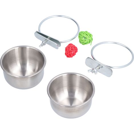 Edelstahlnapf für Papageien, Wassernapf mit Rattankugeln (Set: 2 Näpfe + 2 Rattankugeln) (1/5)