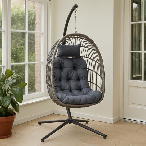 Grey Rattan Hanging Egg Chair with Stand & Cushions for Indoor Use (1/5)