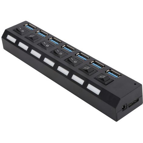 Hub USB 3.0 à 7 ports haute vitesse avec commutateurs individuels, adaptateur secteur, rallonge USB et prise UE. (1/5)