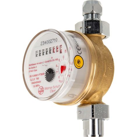 Waschtischzähler Einstrahlzähler ETW (Warmwasser) bis 90 Grad, Länge 80 mm, 3/4 Zoll AG, inkl. Verschraubungen (1/5)