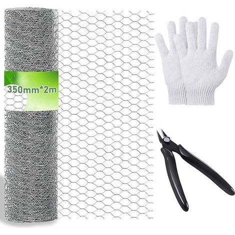 Grillage a Poule, 350 mm x 2m Fil De Fer à Volière Grillage, Treillis Hexagonal Galvanisé, avec Mini Pinces Et Gants (1/4)