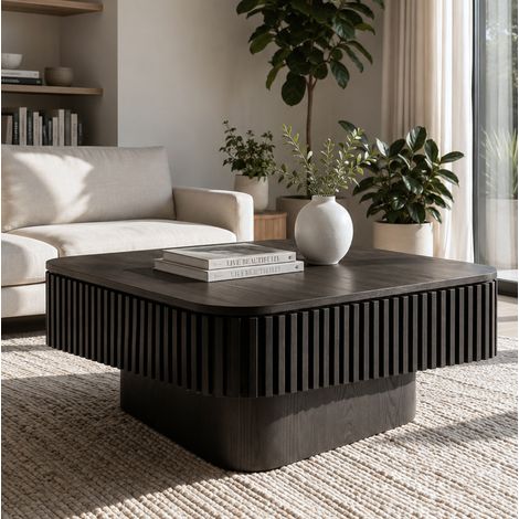 Mesa de centro cuadrada 75 x 75 cm con almacenaje oculto, MDF chapado, negra DESVIAE (1/5)