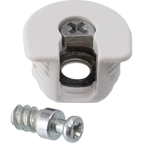 C65767 - ferrures d'assemblage à excentrique encastrée + goujon Ø6x16 mm - panneau de 16 mm - acier - couleur blanc - menuisier meuble bois MDF mélaminé placard (1/3)