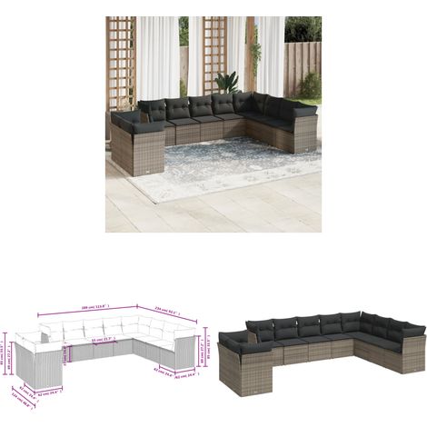 Salon de jardin avec coussins 10 pcs gris résine tressée - Canapé De Jardin - Salon De Jardin - Mobilier Extérieur - Résine Tressée - Polyrotan - Home & Living (1/3)