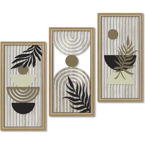 Putuo Decor Art mural bohème abstrait, lot de 3, décoration murale en bois moderne géométrique et botanique, tableaux encadrés minimalistes style mid-century, imprimés esthétiques tons neutres (1/5)