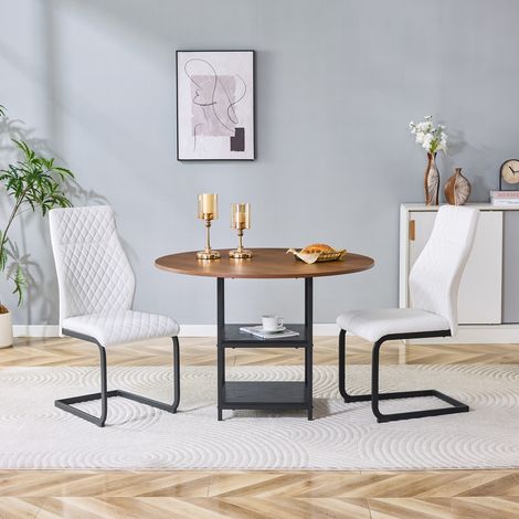 Set Tavolo e 2 Sedie da Pranzo, Tavolo Rotondo con 2 Ripiani, MDF, Noce e Bianco (1/5)
