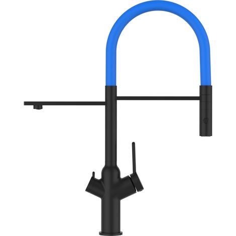 Rubinetto 3 vie miscelatore cucina Nero Opaco con canale separato per acqua filtrata, canna azzurra movibile e doccia due getti staccabile - serie BOD (1/5)