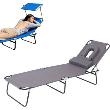 Chaise longue de plage multifonctionnelle,lit pliant portable,réglable, avec appui-tête amovible,convient aux terrasses,jardins et au camping, grise. (1/5)