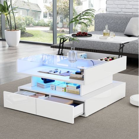 Tavolino da caffè sollevabile 80 x 80 x 45 cm con vani, 2 cassetti e LED, bianco HAVRYA (1/5)