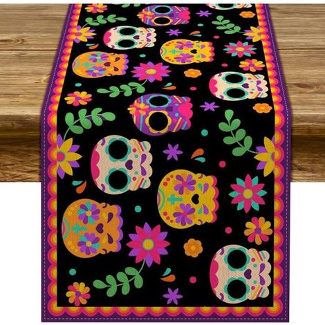 1 Chemin de table Day of the Dead, motif tête de mort mexicaine, lin rustique, 33 x 182,9 cm, décoration salle à manger fête Dia de los Muertos (1/4)