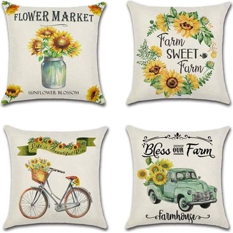 Housses de coussin carrées en lin durable - Motif tournesols - 45 x 45 cm