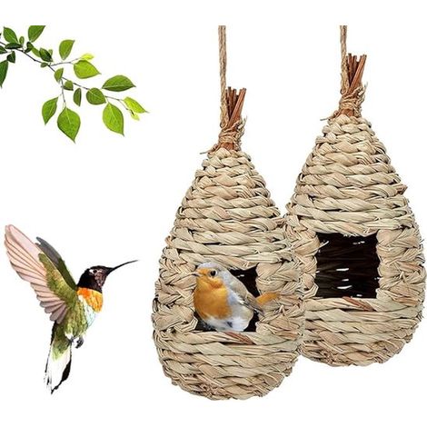 Casita para pájaros, 2 piezas, 11,5 x 22 cm, Natural, Nido de hierba, Casita tejida a mano, carboneros, canarios y mirlos, Marrón (1/5)