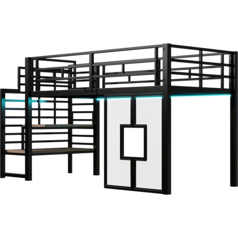 Letto a soppalco 90 x 200 cm in metallo con scala, LED, finestre, nero, HOMVRA (1/5)
