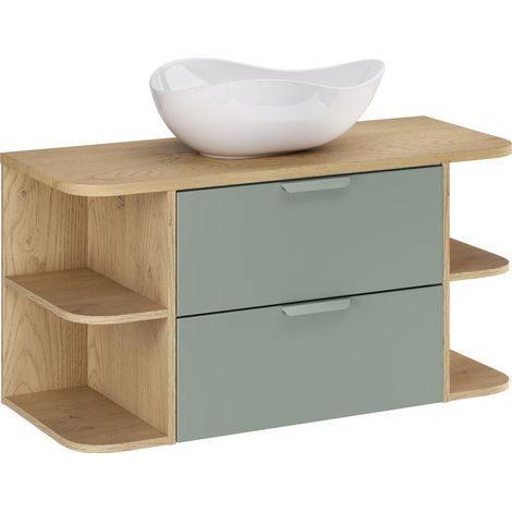 Ensemble meuble et vasque Cloud 100 cm ASTER vert avec deux extensions d’angle ouvertes et plan en chêne (1/5)
