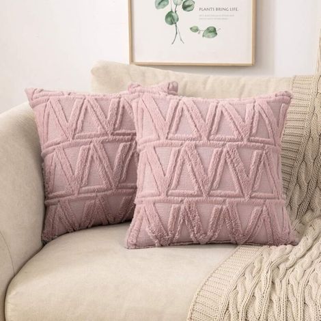 Lot De 2 Housses De Coussins Tissu Laine Artificielle Et Polyester Motif Triangle Moderne Doux Lisse Confortable Taie D'oreiller À Salon Chambre Canapé 45x45cm Rose Foncé