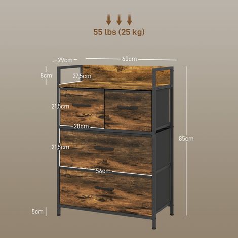 Commode rangement 4 tiroirs textile, buffet industriel marron et noir, meuble compact 60x29x85 cm, idéal chambre ou salon. (1/5)