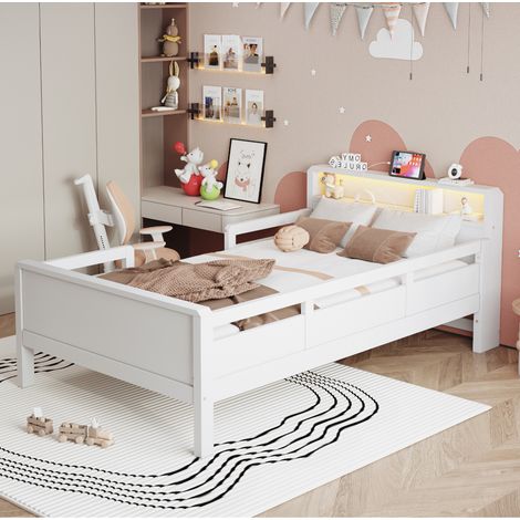 Lit enfant 90x200 cm avec LED, prises USB et Type-C, tête de lit avec rangement, structure bois stable - blanc (1/5)