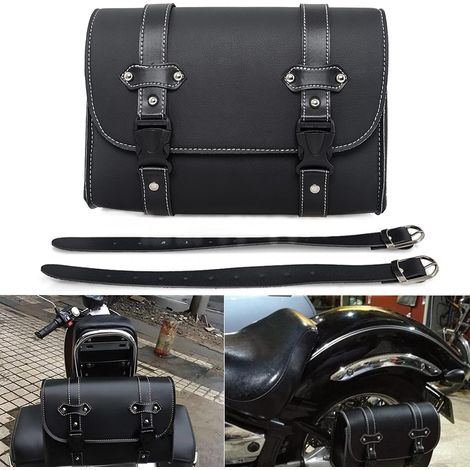 Sacs de selle de moto en PU Cuir – Noir outils de guidon étanche et sac latéral universel avec 2 sangles (1/5)
