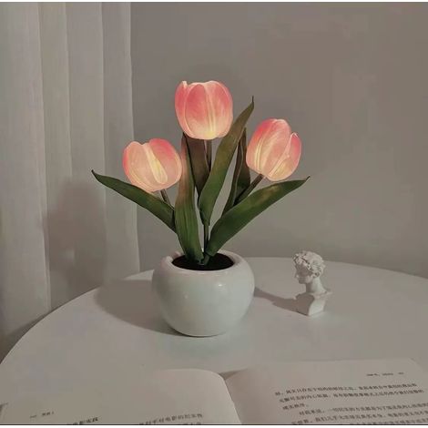 Lampe Tulipe, Lampe de Table Lampe de Bureau Ornements de Fleurs Led Simulation Tulipe Veilleuse avec Céramique Vase (1/5)