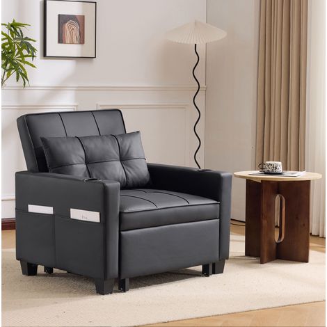 Canapé-lit 1 place 87x74x84 cm en simili cuir noir, 3-en-1, pour petits espaces – MEUBLIV (1/5)