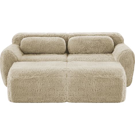 ELVMI Divano Modulare 2 Posti con 2 Pouf, senza Montaggio, Design Avvolgente, in Peluche, Cachi Chiaro (1/5)