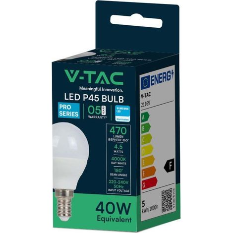 LAMPADINA LED E14 4.5W BULB P45 MINIGLOBO SMD CHIP SAMSUNG VT-236 Bianco Naturale