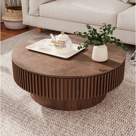 Tavolino rotondo con contenitore 75 cm in MDF impiallacciato legno noce OKWISH (1/5)