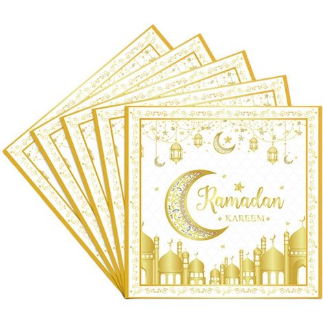 Lot de 20 serviettes Eid Al-Fitr, Lune et étoiles blanc doré, décoration de table Ramadan Mubarak