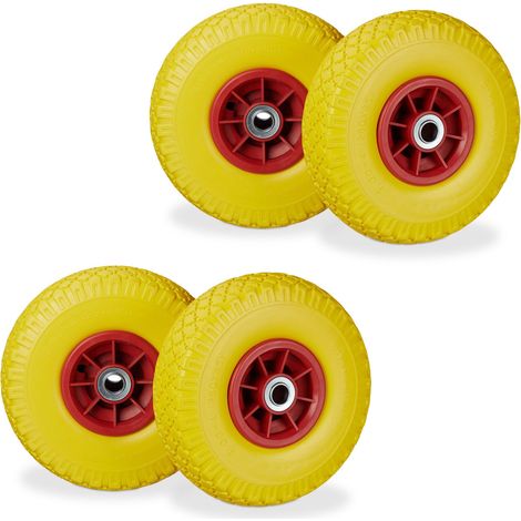 4 x Sackkarrenrad, pannensichere Vollgummireifen, 3.00-4 Zoll, 20mm Achse, bis 80 kg, Ersatzrad 260 x 85 mm, gelb-rot