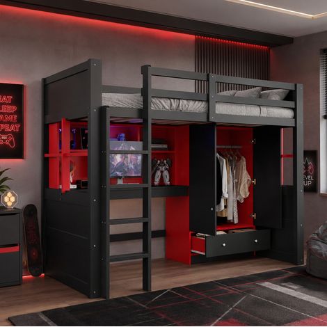 Cama alta infantil de madera de 90x200 cm con iluminación LED, enchufes, escritorio, espacio de almacenamiento y armario, color negro y rojo (1/5)