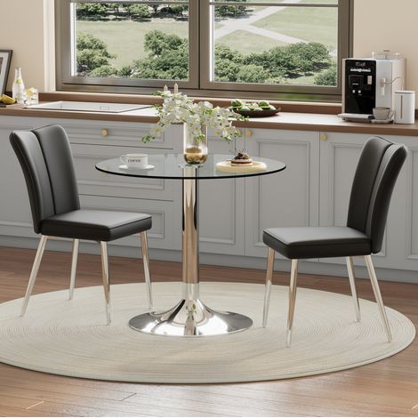Ensemble de salle à manger table ronde en verre transparent et métal argenté avec 2 chaises en PU noir, Ø85x76 cm (1/5)