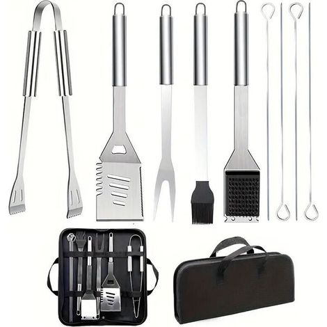 9-piece stainless steel barbecue utensil set with carrying bag, including shovel, wire brush, tongs and fork, outdoor cooking and camping accessories (1/4)