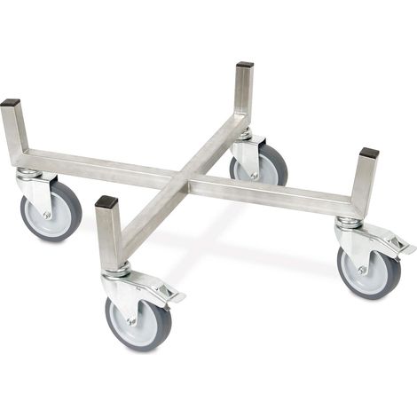BRB Roller für Rundbehälter und Kunststofftonnen bis Ø 510 mm, geschweißter Edelstahl-Fahrwagen mit 4 Lenkrollen (2 mit Bremse) (Gestell und Rollen aus Edelstahl)