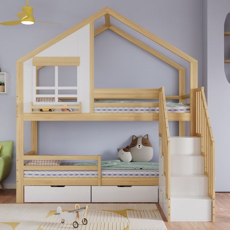 Cama litera 90x200 cm - Con 2 cajones - Con escalera de seguridad - En madera - Blanco y natural (1/5)