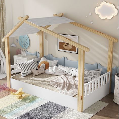 Cama casita infantil 90x200 cm de madera, blanco/natural, con somier de láminas estable (1/5)