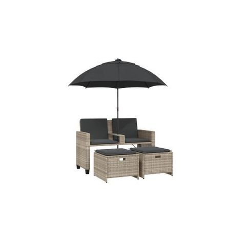 Canapé de jardin 2 places et parasol tabourets gris clair rotin (1/5)