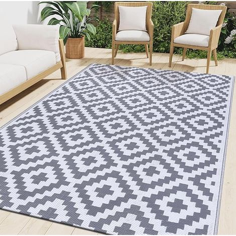 Tapis de jardin imperméable et résistant aux UV pour extérieur, patio, réversible, en plastique, pour balcon, camping, pique-nique, arrière-cour, 180 x 270 cm, gris et blanc (1/5)