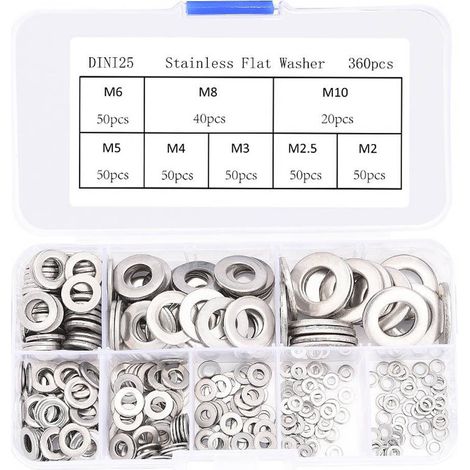 GROOFOO 360 Pièces Inox Rondelles Plates Metal, pour Gonds de Porte, 8 Tailles Rondelles Acier Inoxydabl 304 - M2 M2.5 M3 M4 M5 M6 M8 M10 Rondelle Carrossier Inox (1/5)