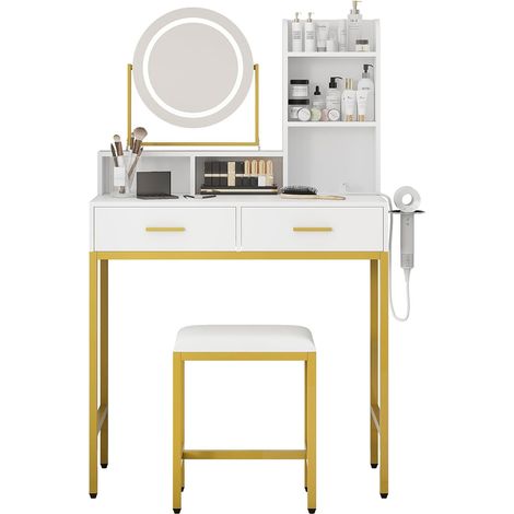 Coiffeuse Moderne avec Miroir Rotatif à 360°, Table de Maquillage avec Prises et Ports USB, 2 Tiroirs, Étagères et Tabouret Confortable pour Chambre (1/5)